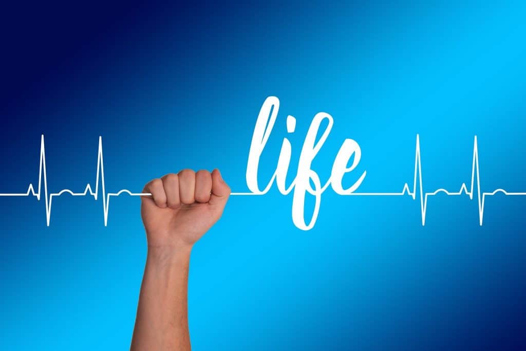 A white ECG on a blue background with a hand holding it and the word "life" on it