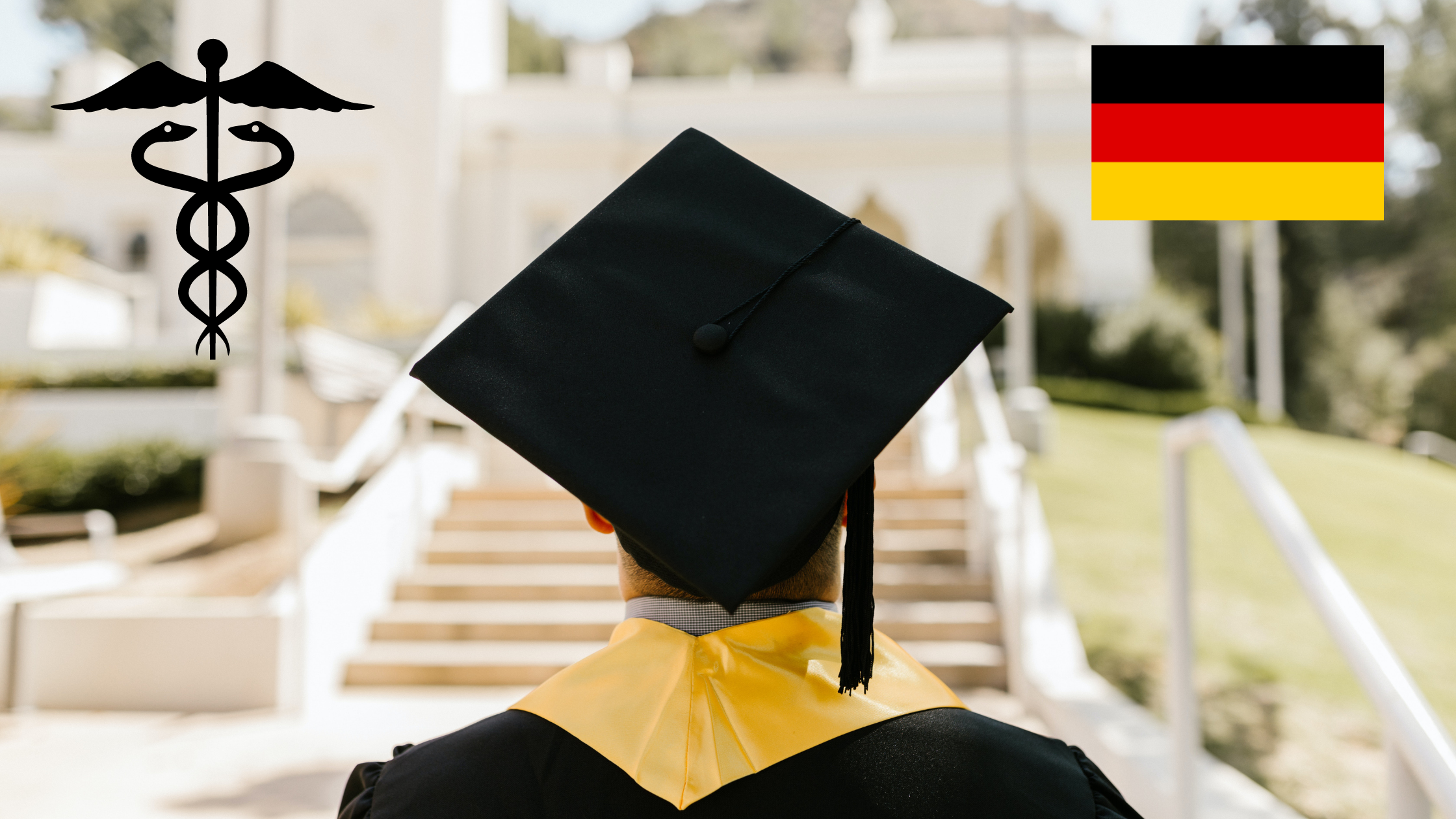 A medical graduate looking at the University he studied at with a German flag on the right side and a medical symbol on the left side