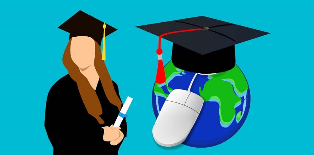 An Animation of a female graudate with a black graduation gown and cap alongside planet Earth with a computer mouse and a black cap
